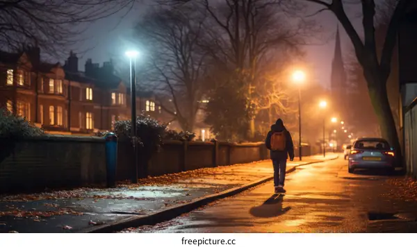 Man walking alone on a deserted street at night