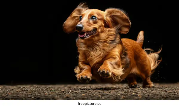 A happy long-haired brown dachshund dog happily running in mid-stride