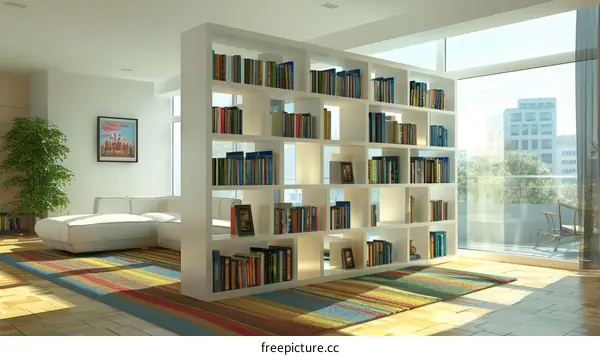 Spacious Living Room with Bookshelf Wall