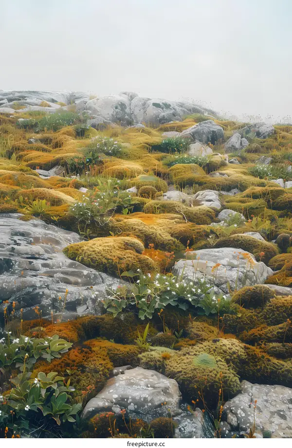 Close Up of Moss Covered Rocks with Tiny White Flowers