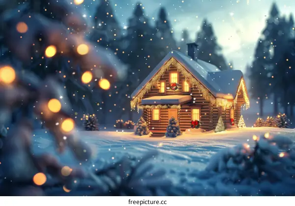 Snowy Christmas Cabin Scene with Lights