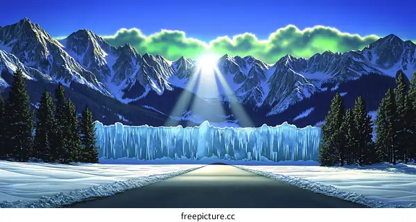 Snowy Mountain Road With Icicle Wall And Sunbeams