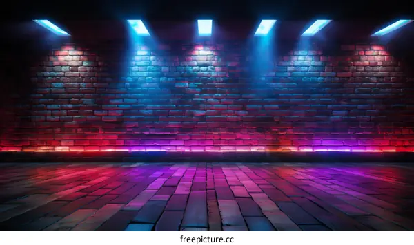 Glowing lights in an empty brick room