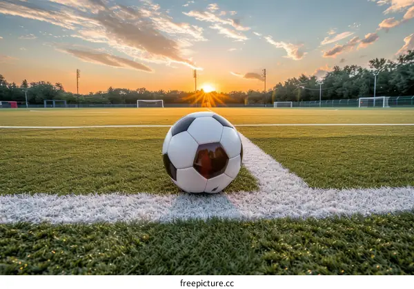 A soccer ball sits on the white line of a soccer field at sunset
