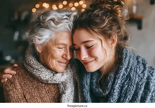 Grandmother and granddaughter warm hug
