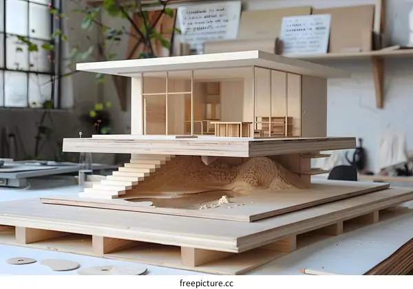 Wooden Model of a Modern House with a Pool and Stairs
