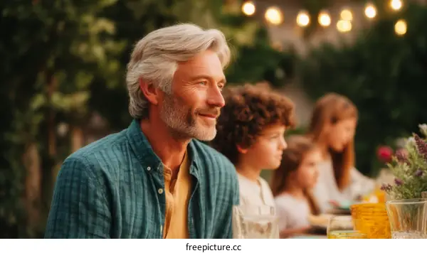 Family Dinner in Garden at Sunset