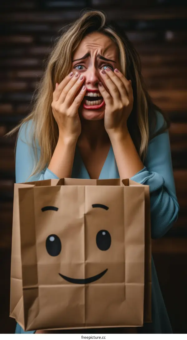 A woman is holding a paper bag with a smiley face on it. She is looking at the bag with fear in her eyes.