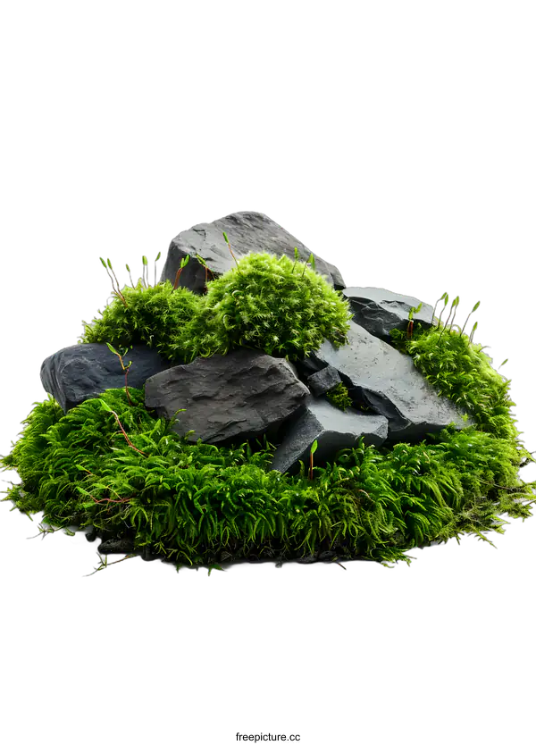 [Transparent Background PNG]Green Moss and Rocks on White Background