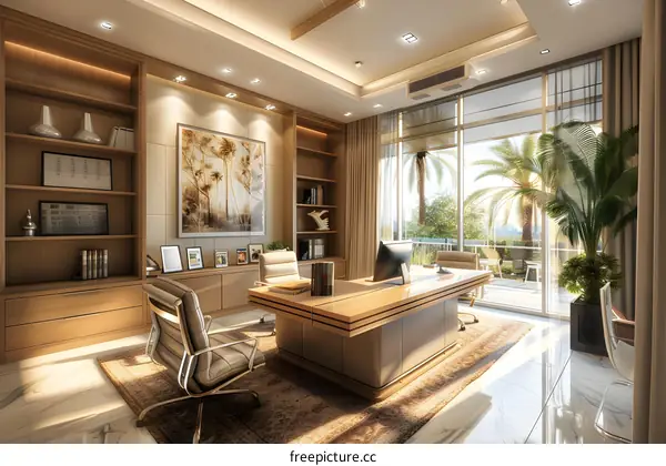 Office interior with large windows and a view of the city