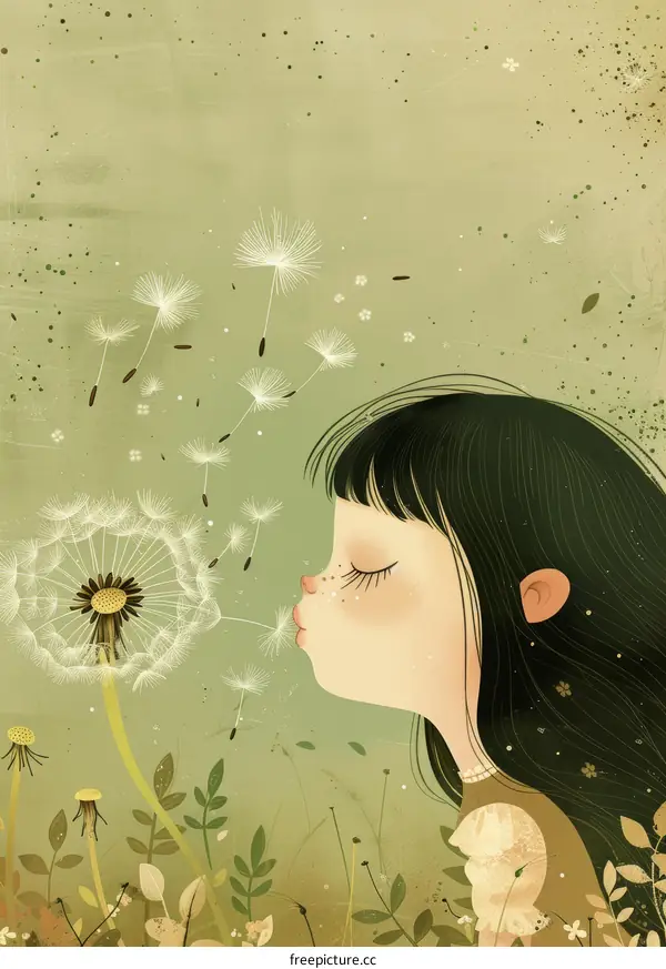 Little Girl Blowing Dandelion Seeds in Spring Meadow