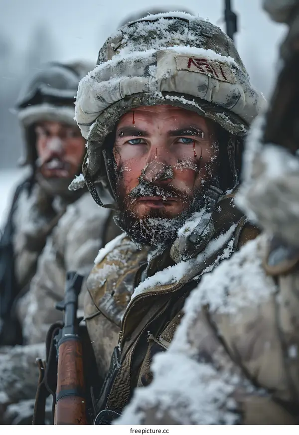 A soldier looks out from a snowy battlefield.