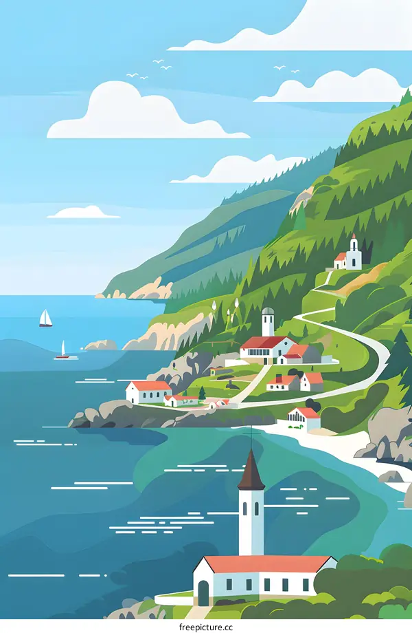Coastal Town Illustration with Church, Ocean, Mountains, and Clouds