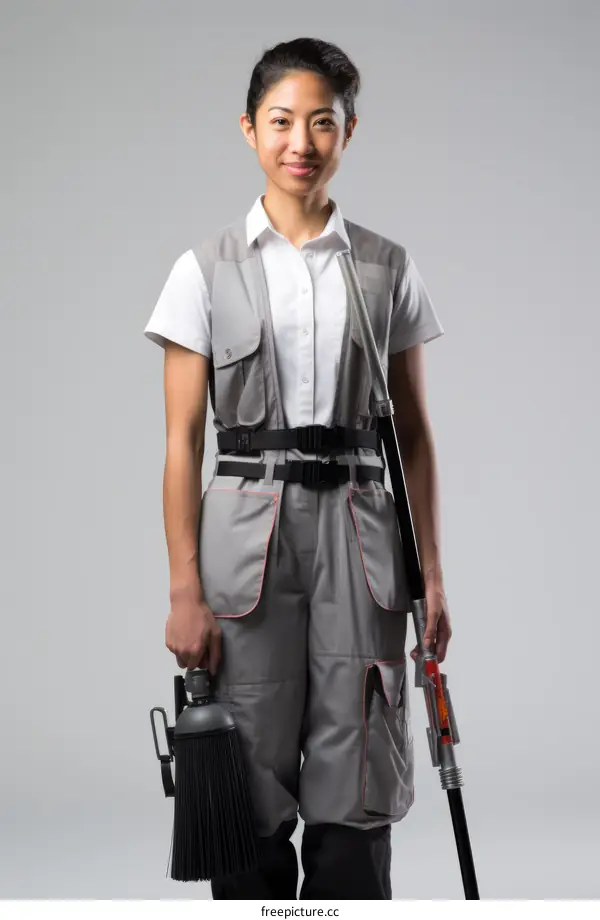 portrait of a young woman wearing a uniform and holding a broom and a vacuum cleaner