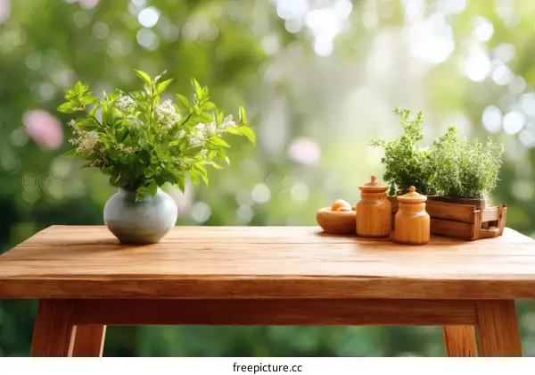 Wooden Table Setting with Flowers and Herbs in a Garden Setting