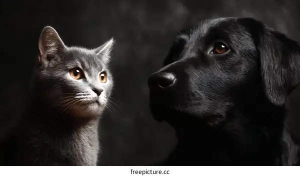 Closeup Portrait of a Gray Cat and a Black Dog