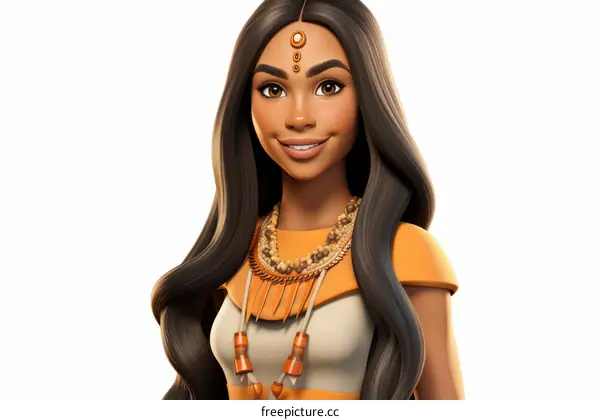 An illustration of a smiling young woman with long dark hair and brown eyes. She is wearing a white and orange outfit with a beaded necklace.