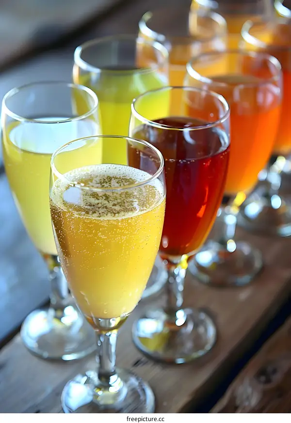 Assortment of colorful drinks in glasses on wooden table