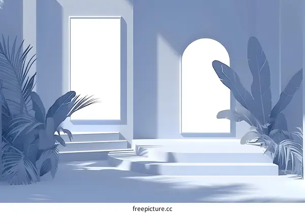 Minimalist Blue 3D Rendered Scene with Plants and White Windows