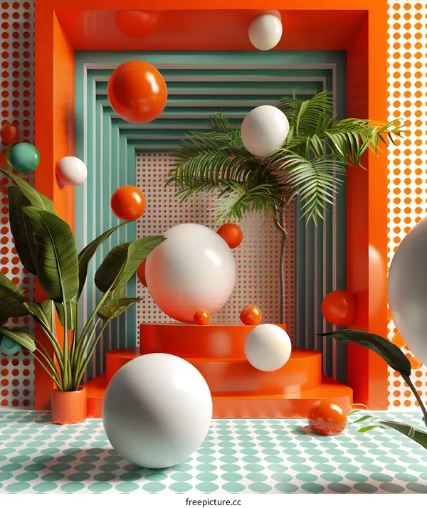 3d rendering of a surreal space with floating spheres and tropical plants