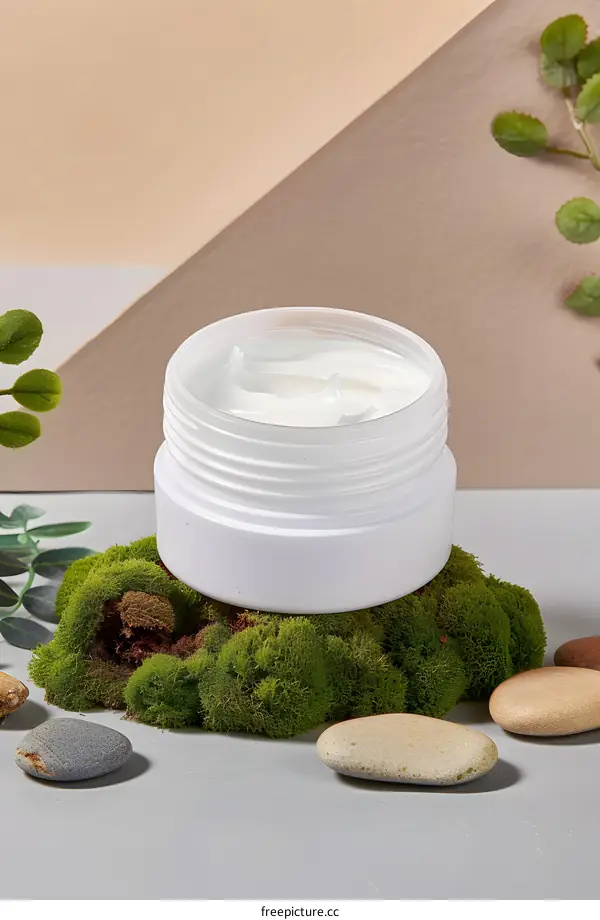 White Cream Jar on Moss and Stones