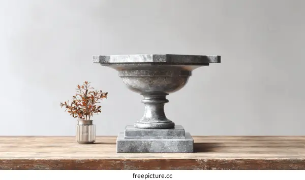 Ornate Gray Stone Urn on Wooden Table