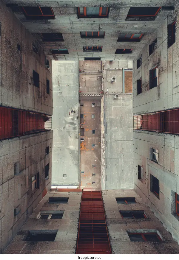 Looking down into an empty concrete courtyard surrounded by tall buildings