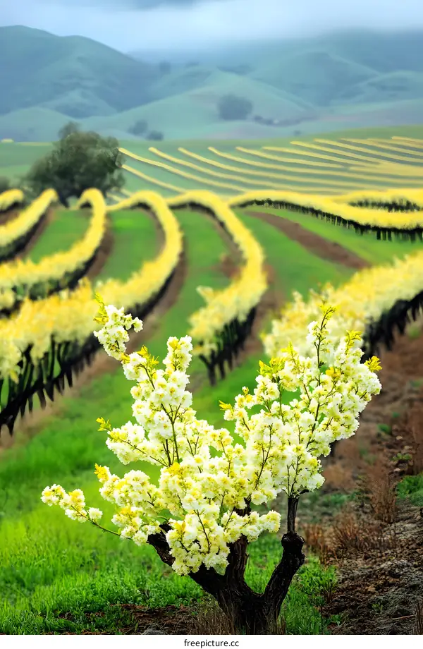 Springtime in the Vineyard with Blooming Almond Trees and Rolling Hills