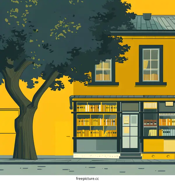 Yellow Bookstore Building with Tree Illustration