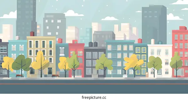 Cityscape Illustration With Buildings And Trees