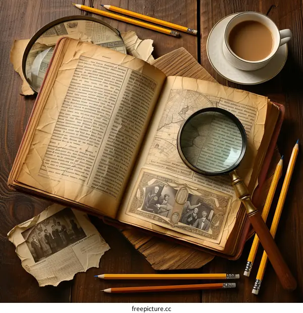 Vintage world map and magnifying glass on old book with sepia photos