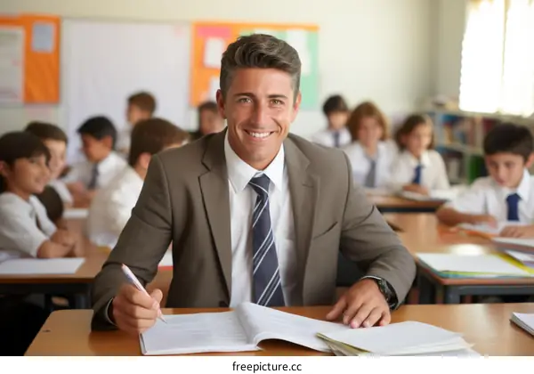 Confident male teacher sitting at his desk in a classroom full of students