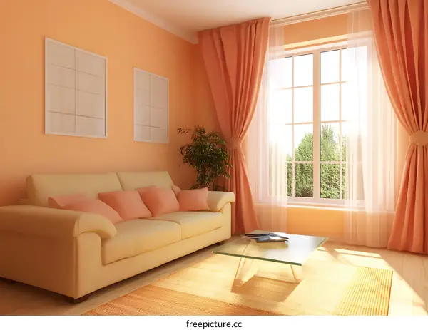 Living Room Interior Design with Orange Walls and Beige Sofa