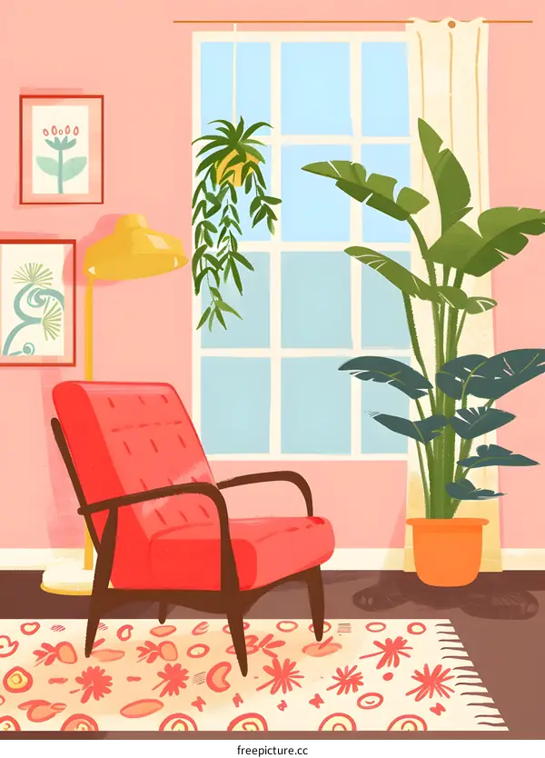 Cozy Living Room Illustration With Pink Wall, Red Chair, And Green Plants