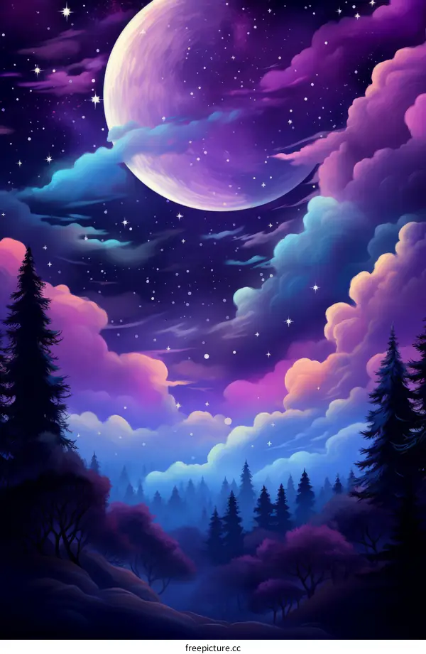 Fantasy Landscape with Purple Moon and Forest