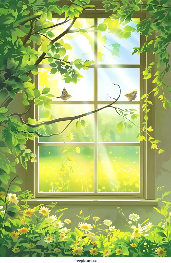 Sunlight Through Window with Birds and Flowers