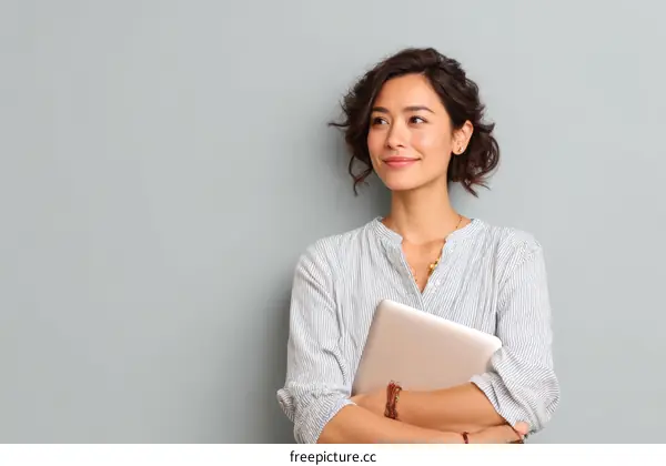 Confident Asian Woman Holding Tablet