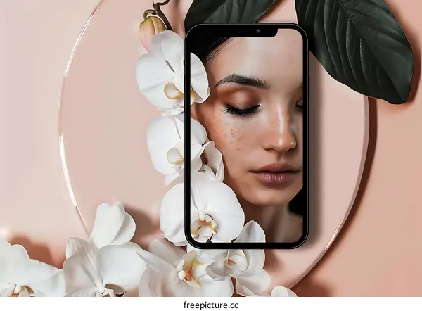Beautiful Woman With Flowers On Her Face In Smartphone Screen