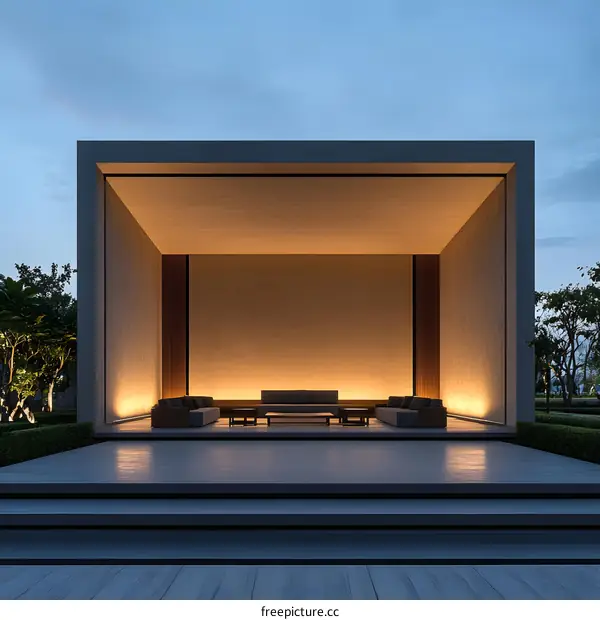 Modern Minimalist Concrete Patio with Illuminated Wall and Seating