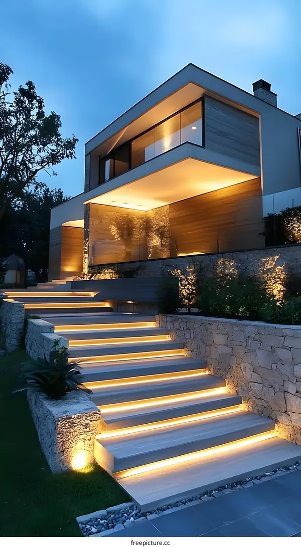 Modern House with Illuminated Stone Steps