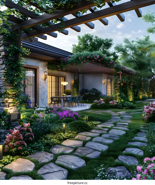 A beautiful garden with a stone path and a pergola covered in flowers
