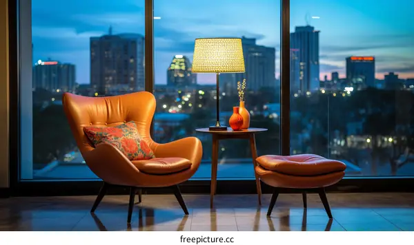 Modern interior design living room with city view at night