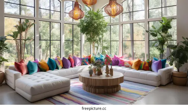 A bright and colorful living room with a large sectional sofa and lots of plants