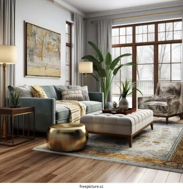 Blue Velvet Couch With Geometric Area Rug And Gold Accents