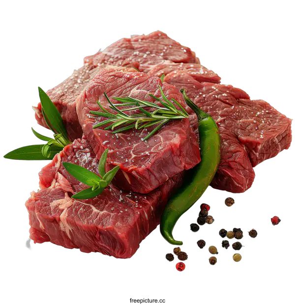 [Transparent Background PNG]Raw beef steaks with spices and herbs on black background