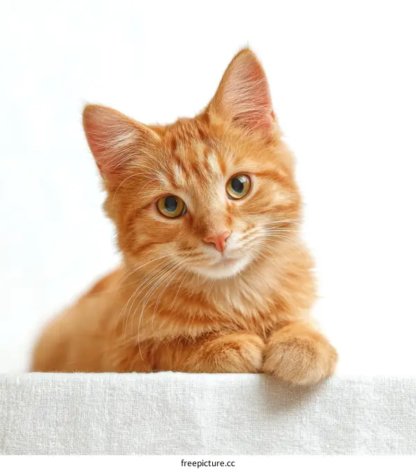 Cute Ginger Cat Leaning on a White Tablecloth