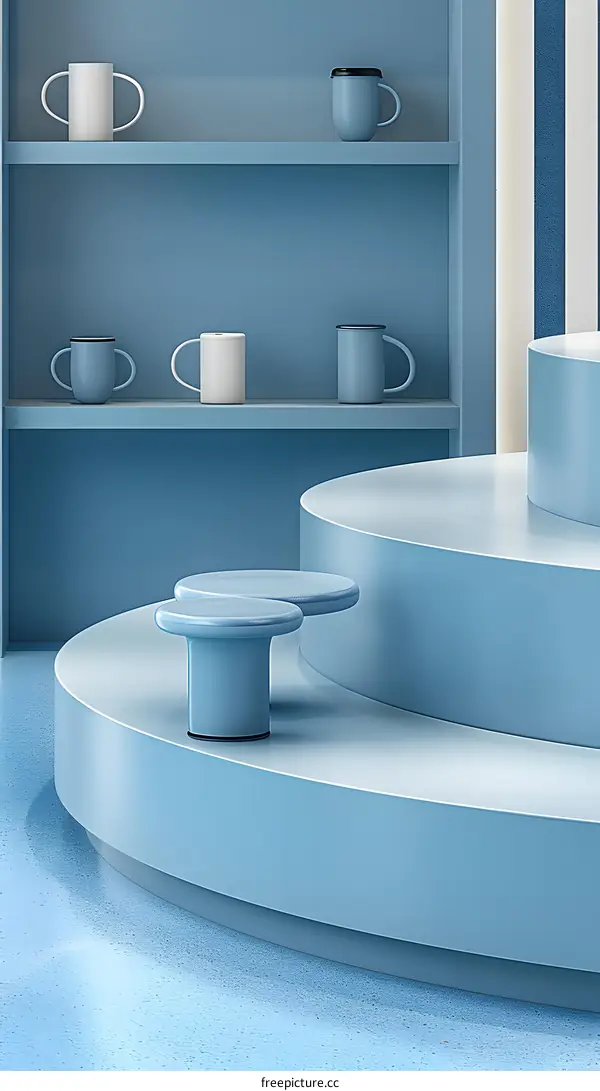 Blue Interior Design Minimalist Room with Round Platforms and Mugs on Shelves