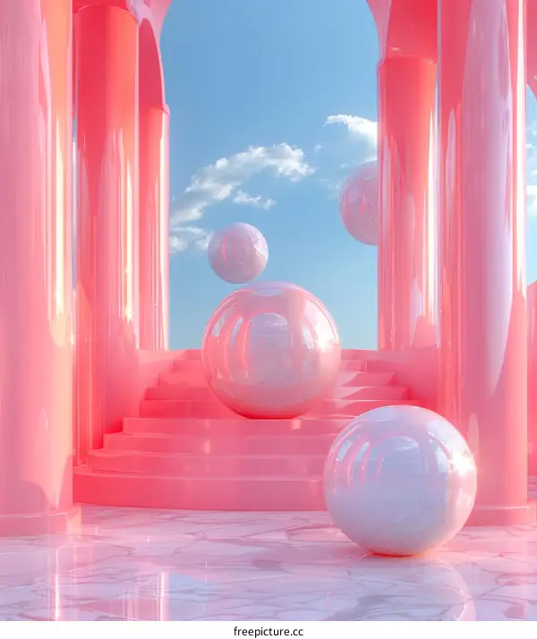 Pink Abstract Architectural Scene with Floating Spheres