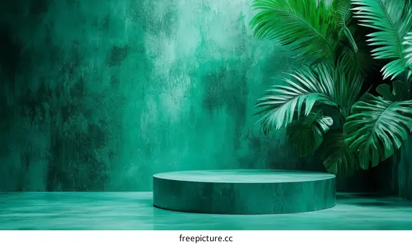 Teal Green Abstract Podium Display with Tropical Plants