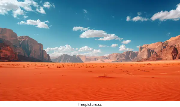 Beautiful red sand desert landscape with blue sky and clouds